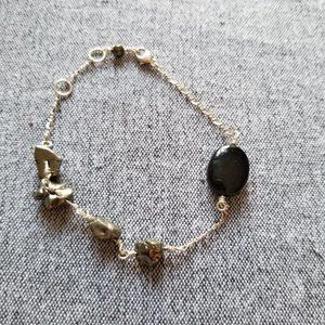 New Pyrite and black gemstone sterling silver bracelet adjustable